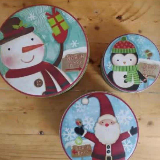 Trío de latas redondas de Muñeco de Nieve y amigos de Partybox Trío de latas redondas de Muñeco de Nieve y amigos de Partybox