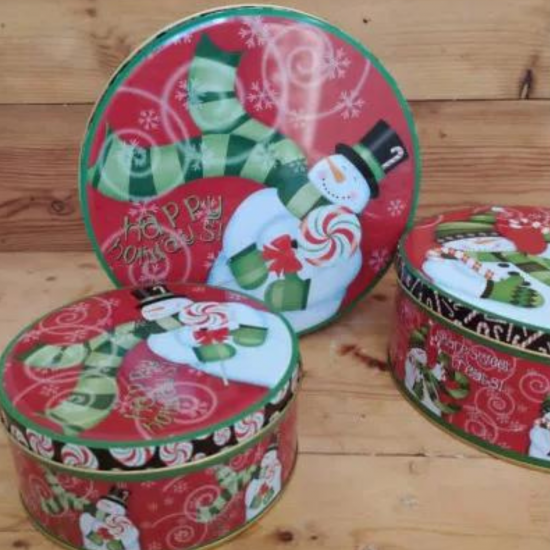 Trío de latas redondas de Muñeco de Nieve de Partybox Trío de latas redondas de Muñeco de Nieve de Partybox