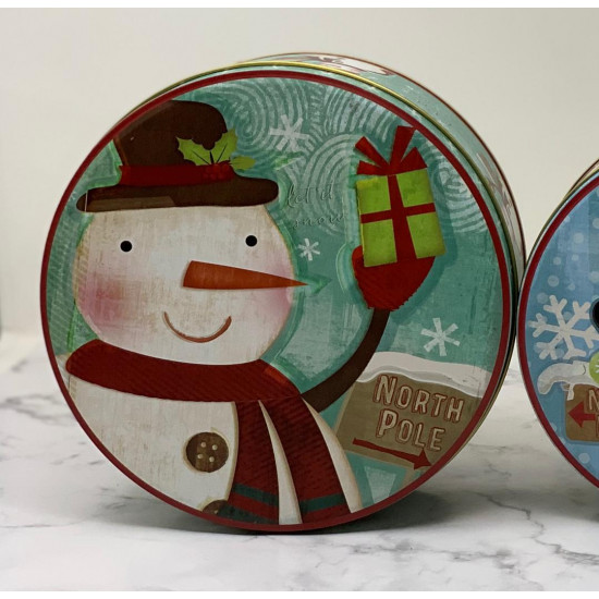 Lata redonda Muñeco de Nieve y Regalo de Partybox Lata redonda Muñeco de Nieve y Regalo de Partybox