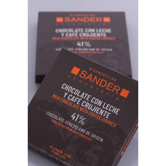 Carré de chocolate con leche al 41% y café crujiente de Sander Chocolatier Carré de chocolate con leche al 41% y café crujiente de Sander Chocolatier